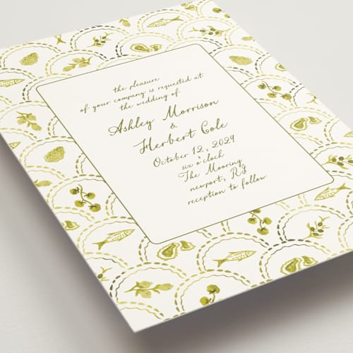 This is a citrus wedding invitations with standard by Tamara Hilje called positano printing on signature in standard
