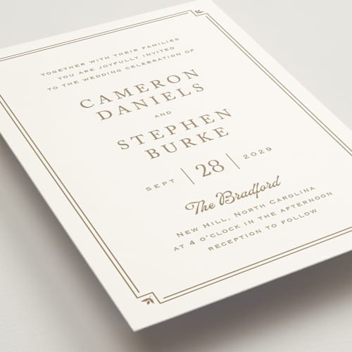 This is a golden wedding invitations with standard by Carolyn MacLaren called fleur corner printing on signature in standard