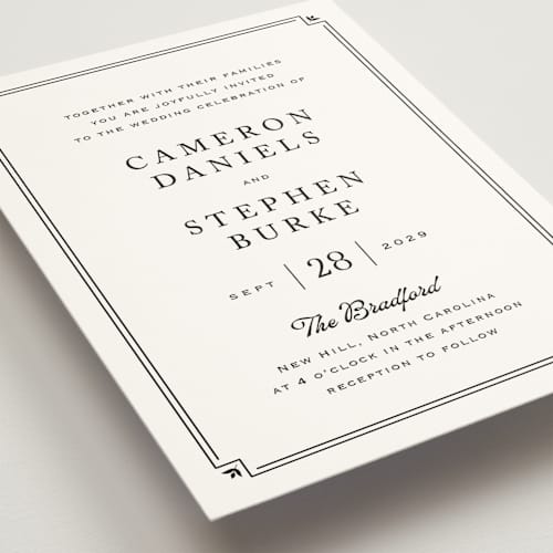 This is a tuxedo wedding invitations with standard by Carolyn MacLaren called fleur corner printing on signature in standard