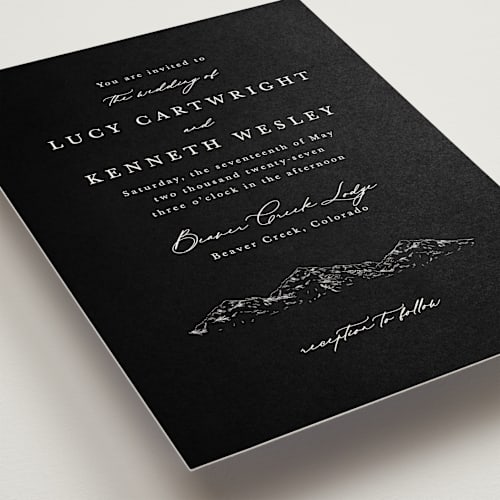 This is a night wedding invitations with standard by Sarah Brown called mountainview printing on signature in standard