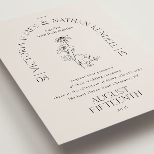 This is a linen wedding invitations with standard by Baumbirdy called floral type arch printing on signature in standard