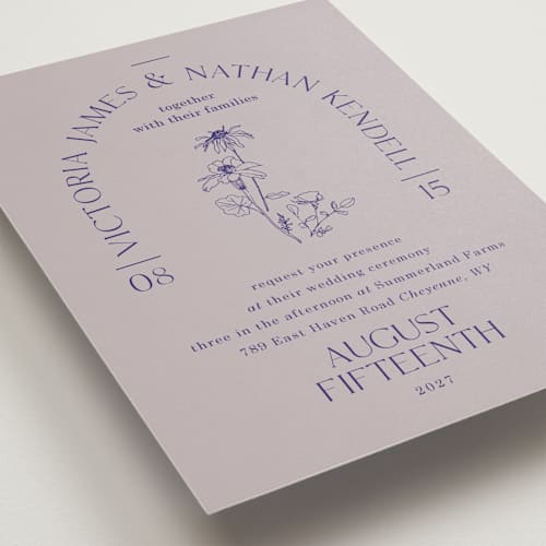 This is a wisteria wedding invitations with standard by Baumbirdy called floral type arch printing on signature in standard