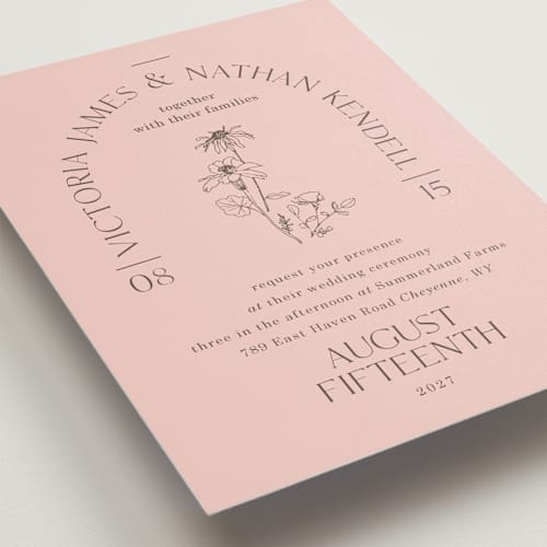 This is a petal wedding invitations with standard by Baumbirdy called floral type arch printing on signature in standard