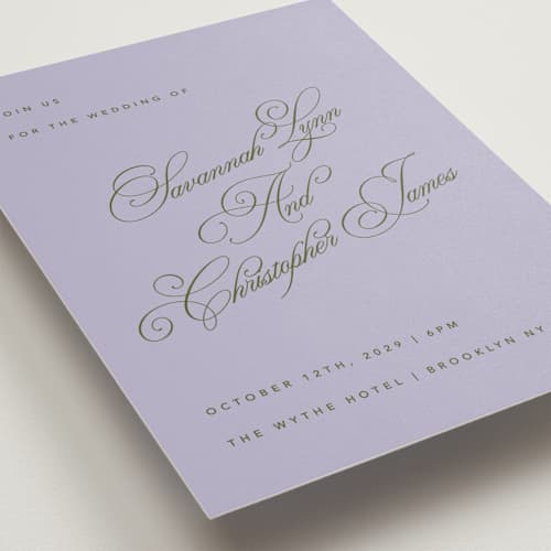 This is a lavender wedding invitations with standard by Kelly Watkins called vivid printing on signature in standard