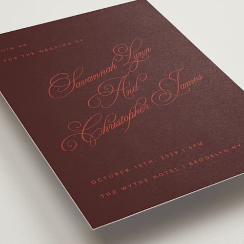 This is a scarlet wedding invitations with standard by Kelly Watkins called vivid printing on signature in standard
