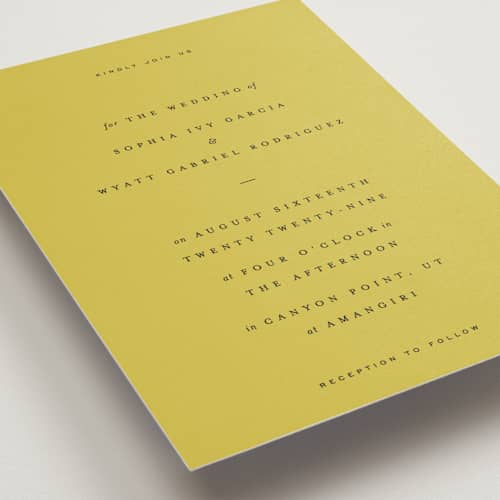 This is a citron wedding invitations with standard by Blustery August called tarte tatin printing on signature in standard