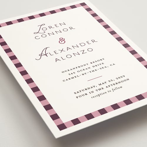 This is a burgundy wedding invitations with standard by Angela Quan called grid printing on signature in standard