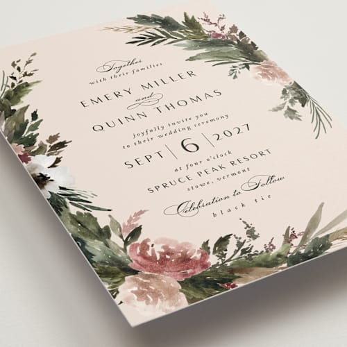 This is a rose quartz wedding invitations with standard by Kate Ahn called poetique printing on signature in standard