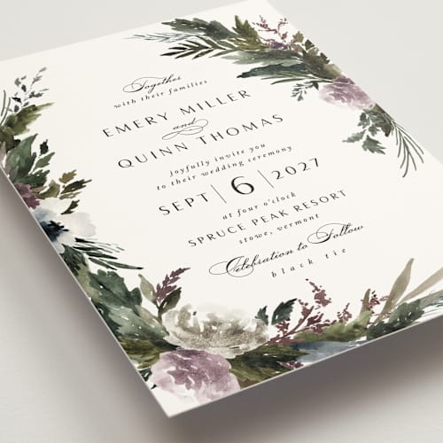 This is a amethyst wedding invitations with standard by Kate Ahn called poetique printing on signature in standard