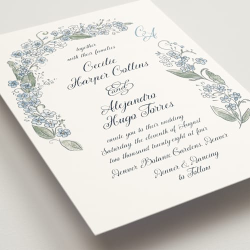 This is a bluebell wedding invitations with standard by Jenna Holcomb called forget me nots printing on signature in standard