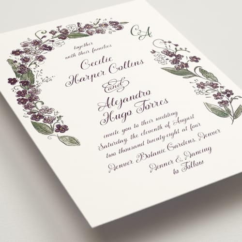 This is a black dhalia wedding invitations with standard by Jenna Holcomb called forget me nots printing on signature in standard