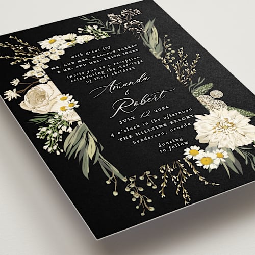 This is a tuxedo wedding invitations with standard by Susan Moyal called organic florals printing on signature in standard