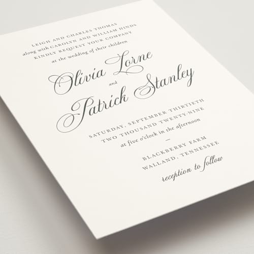This is a cream wedding invitations with standard by Sara Hicks Malone called belle meade printing on signature in standard