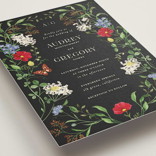 This is a onyx wedding invitations with standard by Sarah Knight called wild meadow printing on signature in standard