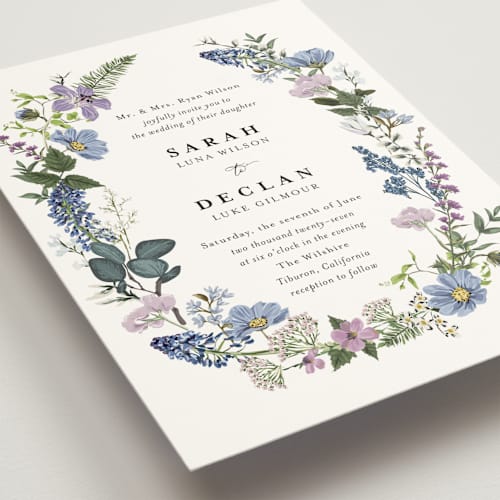 This is a lavender wedding invitations with standard by Susan Moyal called lilac bloom printing on signature in standard