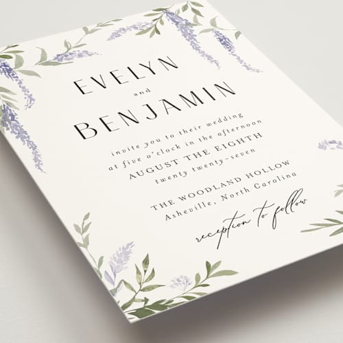 This is a lavender wedding invitations with standard by Design Lotus called enchanted evening printing on signature in standard