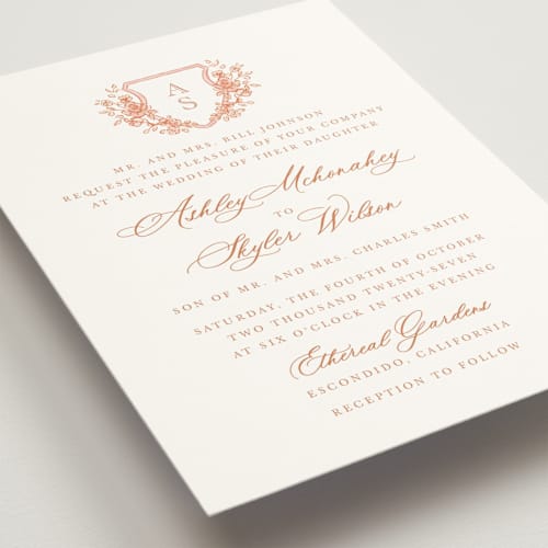 This is a coral wedding invitations with standard by Cass Loh called watercolor flowers crest printing on signature in standard