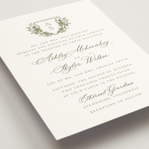 This is a moss wedding invitations with standard by Cass Loh called watercolor flowers crest printing on signature in standard