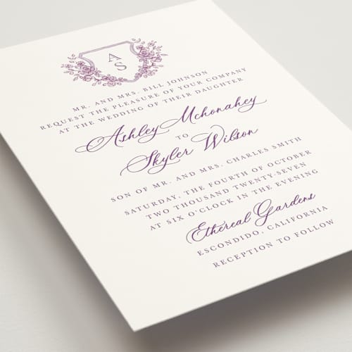 This is a lavender wedding invitations with standard by Cass Loh called watercolor flowers crest printing on signature in standard