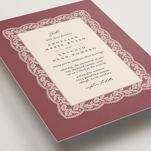 This is a mauve wedding invitations with standard by Erica Krystek called chantilly printing on signature in standard
