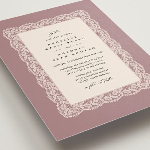 This is a dusty rose wedding invitations with standard by Erica Krystek called chantilly printing on signature in standard