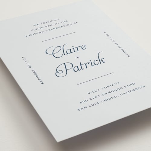 This is a powder wedding invitations with standard by Carolyn MacLaren called modernne printing on signature in standard