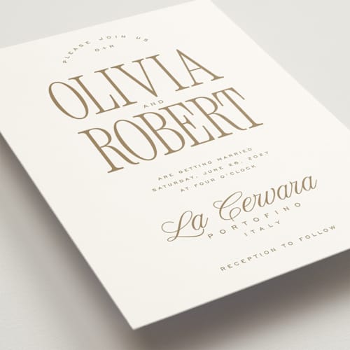 This is a golden wedding invitations with standard by Kelly Schmidt called riviera printing on signature in standard