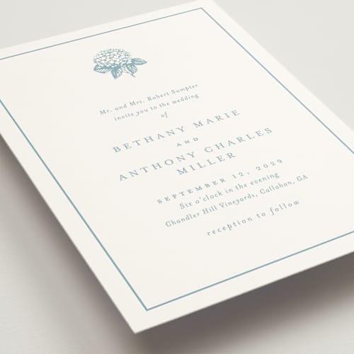 This is a seaside wedding invitations with standard by Stacey Meacham called hydrangea bloom printing on signature in standard