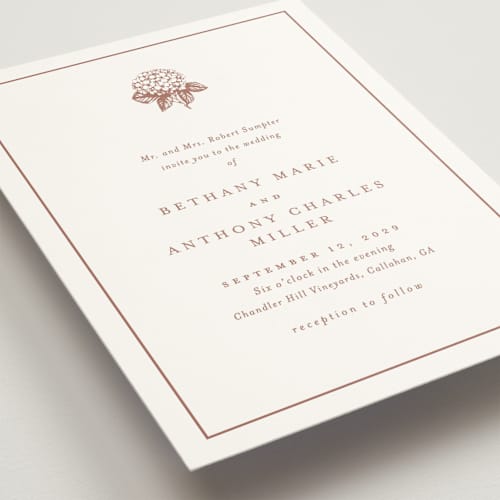 This is a rosie wedding invitations with standard by Stacey Meacham called hydrangea bloom printing on signature in standard
