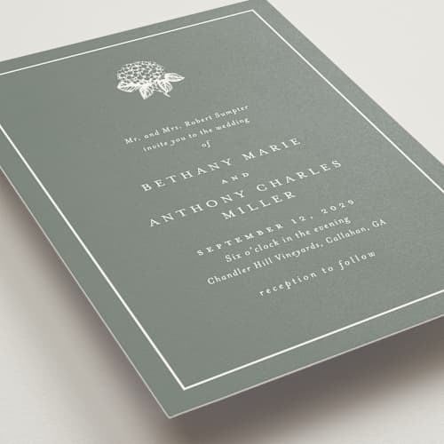 This is a rosemary wedding invitations with standard by Stacey Meacham called hydrangea bloom printing on signature in standard