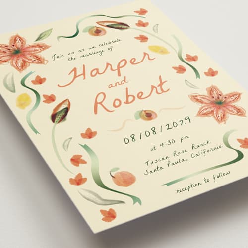 This is a apricot wedding invitations with standard by Emily Miranda called romantic tropical wedding printing on signature in standard