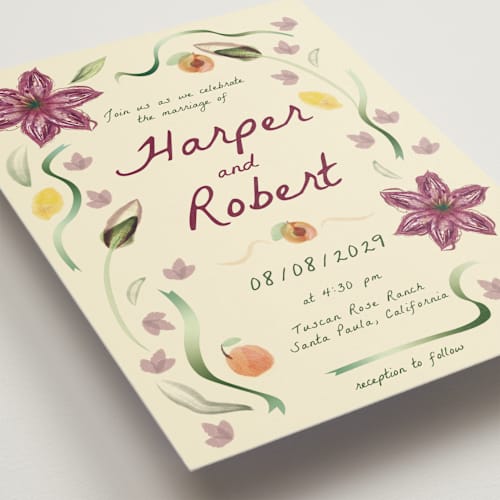 This is a lilac wedding invitations with standard by Emily Miranda called romantic tropical wedding printing on signature in standard