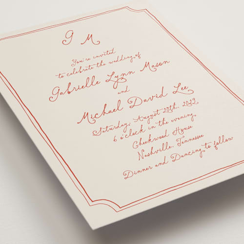 This is a cherry wedding invitations with standard by Kelly Watkins called felicity printing on signature in standard