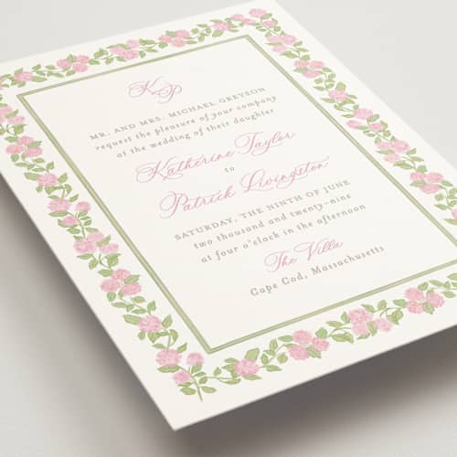 This is a blush wedding invitations with standard by Creo Study called pillowy border printing on signature in standard