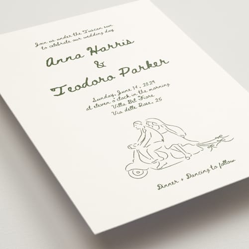 This is a olive wedding invitations with standard by Helena Vitto called amore mio printing on signature in standard