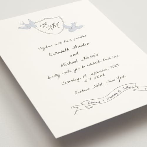 This is a cloud wedding invitations with standard by Helena Vitto called birds of paradise printing on signature in standard