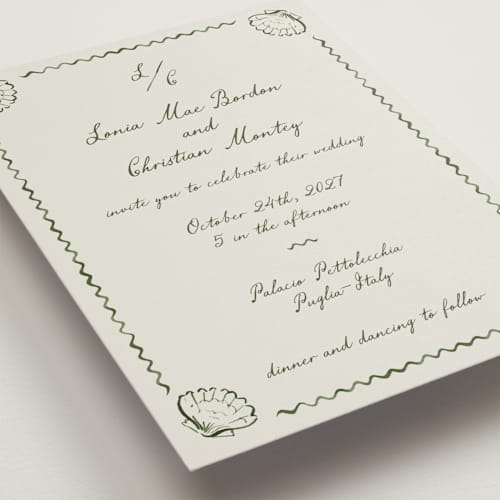 This is a algae wedding invitations with standard by Pati Cascino called puglia printing on signature in standard