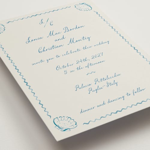 This is a ocean wedding invitations with standard by Pati Cascino called puglia printing on signature in standard