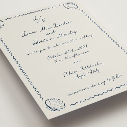 This is a deep ocean wedding invitations with standard by Pati Cascino called puglia printing on signature in standard