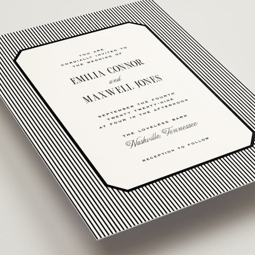 This is a noir wedding invitations with standard by Emily Betts called modern stripes printing on signature in standard