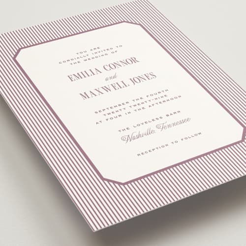 This is a mauve wedding invitations with standard by Emily Betts called modern stripes printing on signature in standard