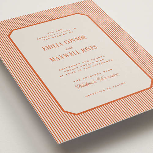 This is a apricot wedding invitations with standard by Emily Betts called modern stripes printing on signature in standard