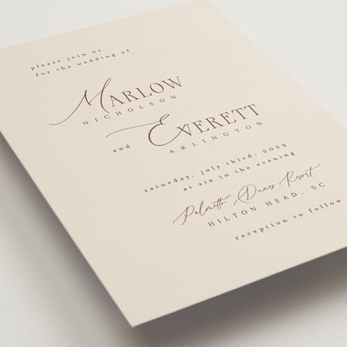This is a chocolate wedding invitations with standard by Kelly Schmidt called scripted initials printing on signature in standard