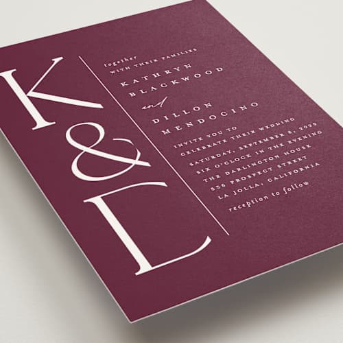 This is a bordeaux wedding invitations with standard by Erica Krystek called modern monogram printing on signature in standard