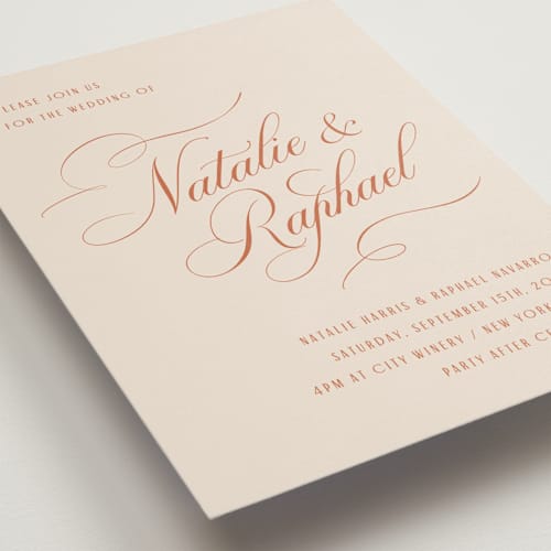 This is a citrus wedding invitations with standard by Hooray Creative called scripted names printing on signature in standard