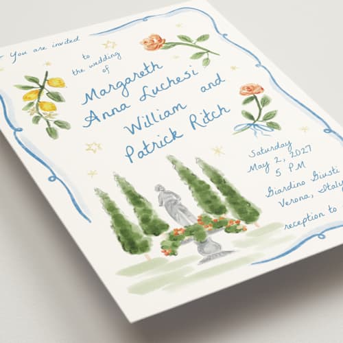 This is a blu wedding invitations with standard by Pati Cascino called giardino printing on signature in standard
