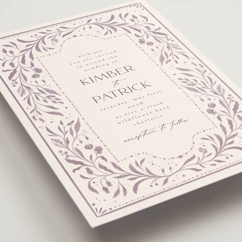 This is a lavender dusk wedding invitations with standard by Ashley DeMeyere called porcelain printing on signature in standard