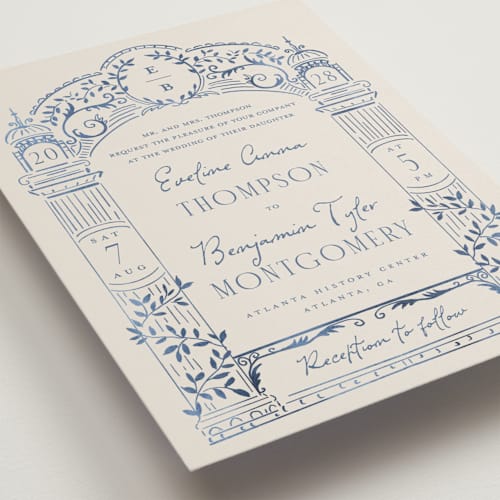 This is a navy wedding invitations with standard by Petra Kern called pavilion printing on signature in standard