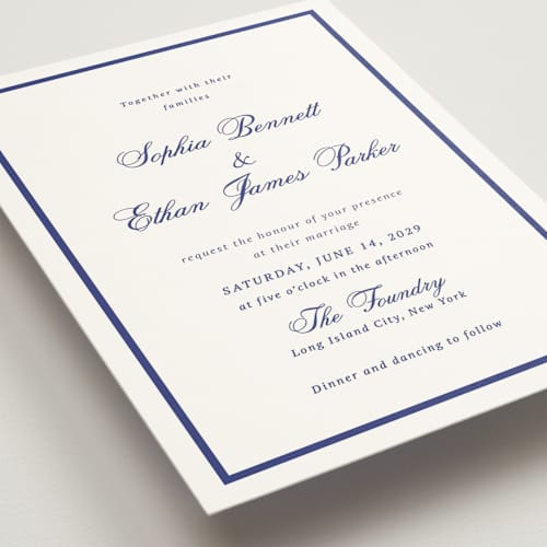 This is a midnight navy wedding invitations with standard by Cass Loh called chic union printing on signature in standard
