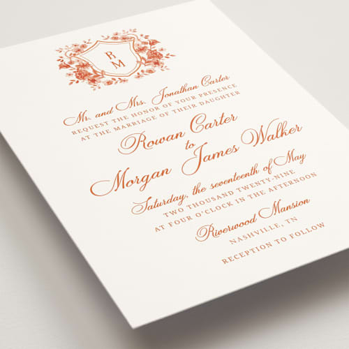 This is a burnt terracotta wedding invitations with standard by Cass Loh called blooming crest printing on signature in standard